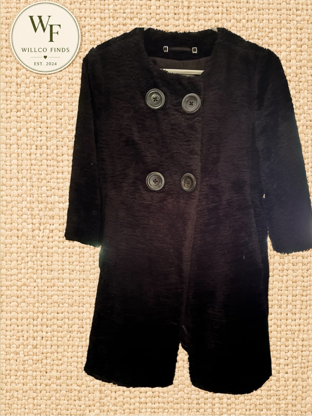 Ann Taylor Black Faux Fur Textured Coat Size S Oversized Button 3/4 Sleeve